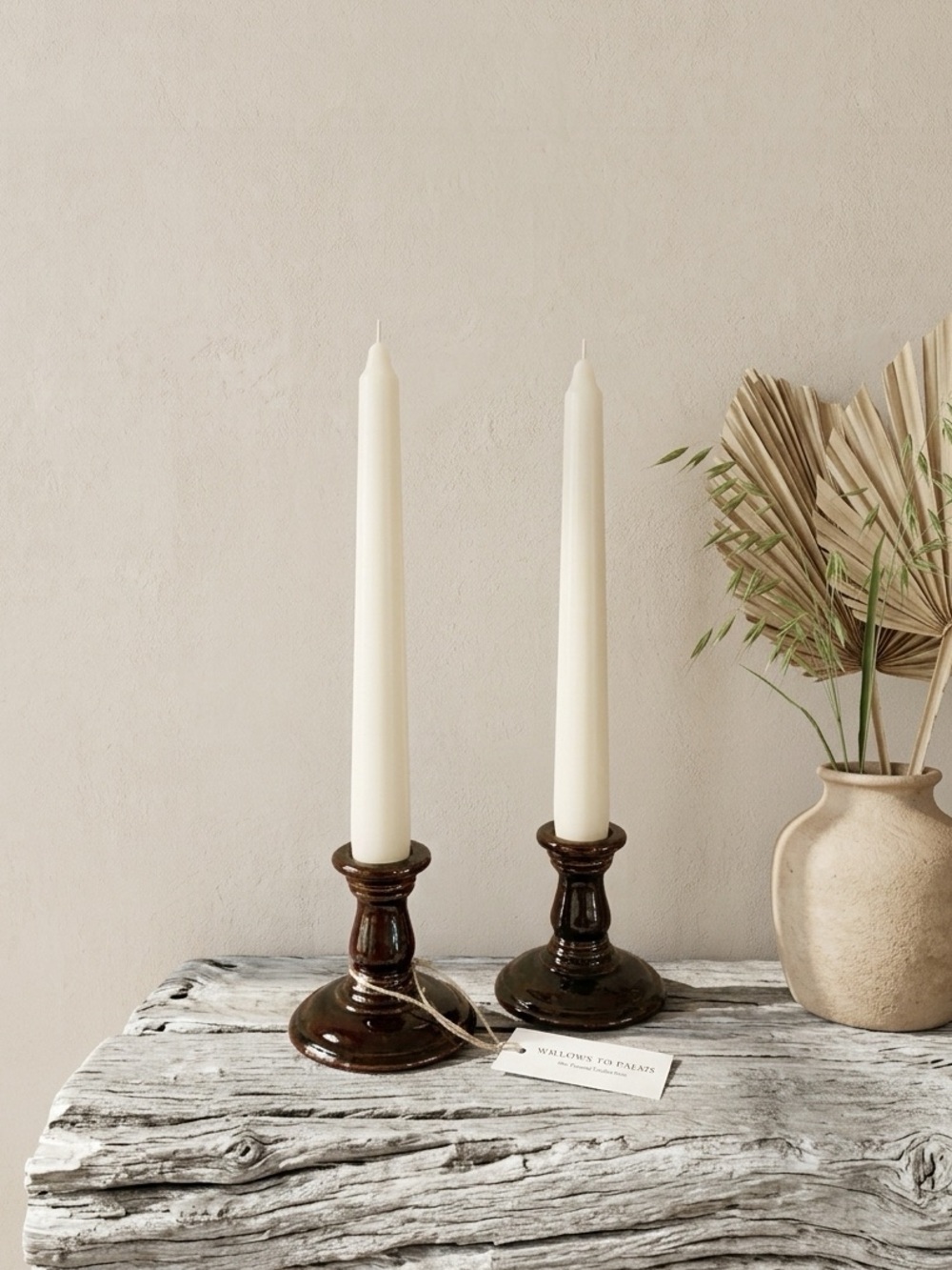 Vintage Earthy Dark Glazed Ceramic Taper Candlestick Holder Set (Pair) Fall
